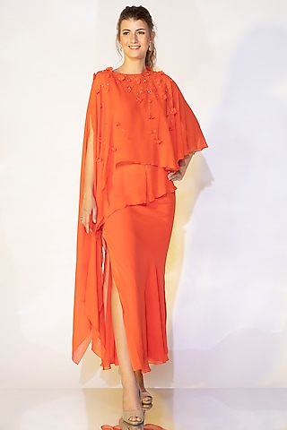 Coral Orange Embroidered Skirt Set With Cape by Wendell Rodricks