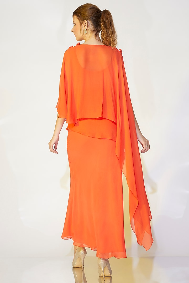 Coral Orange Embroidered Skirt Set With Cape by Wendell Rodricks at Pernia's Pop Up Shop
