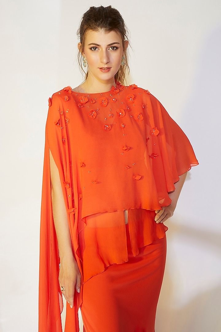 Coral Orange Embroidered Skirt Set With Cape by Wendell Rodricks at Pernia's Pop Up Shop