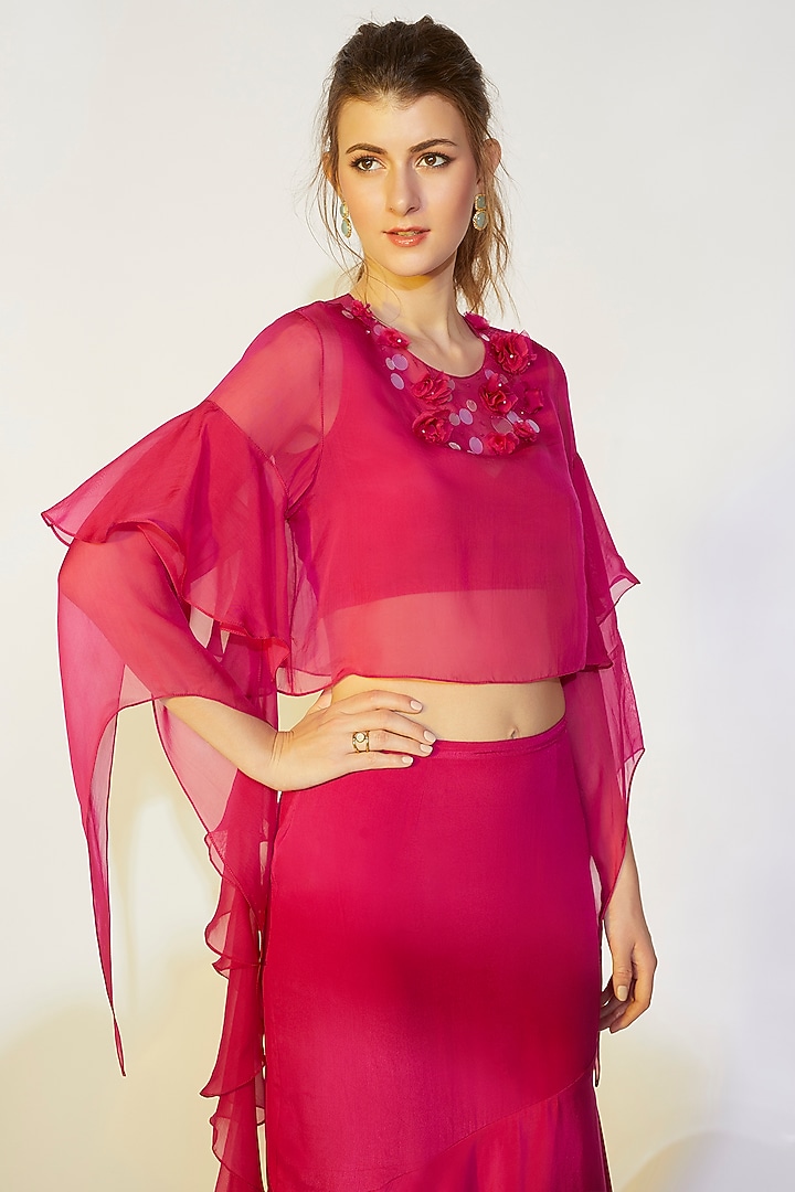 Fuchsia Layered Skirt Set With Cape by Wendell Rodricks at Pernia's Pop Up Shop