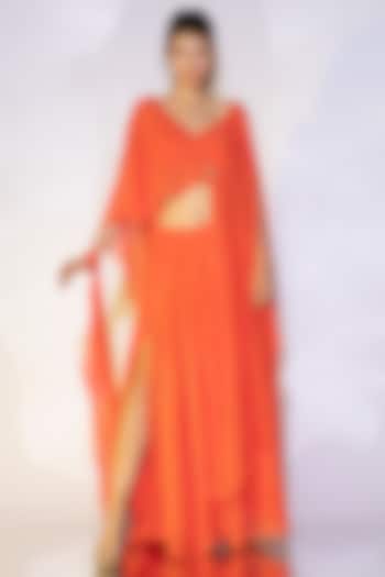 Coral Orange Asymmetrical Cape Set by Wendell Rodricks at Pernia's Pop Up Shop