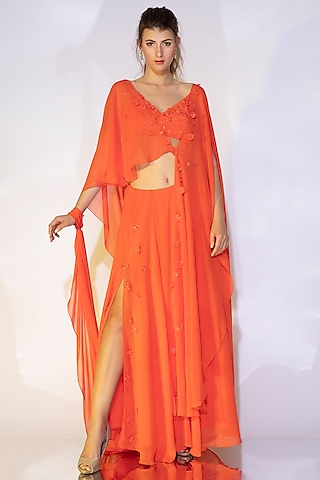 Coral Orange Asymmetrical Cape Set by Wendell Rodricks
