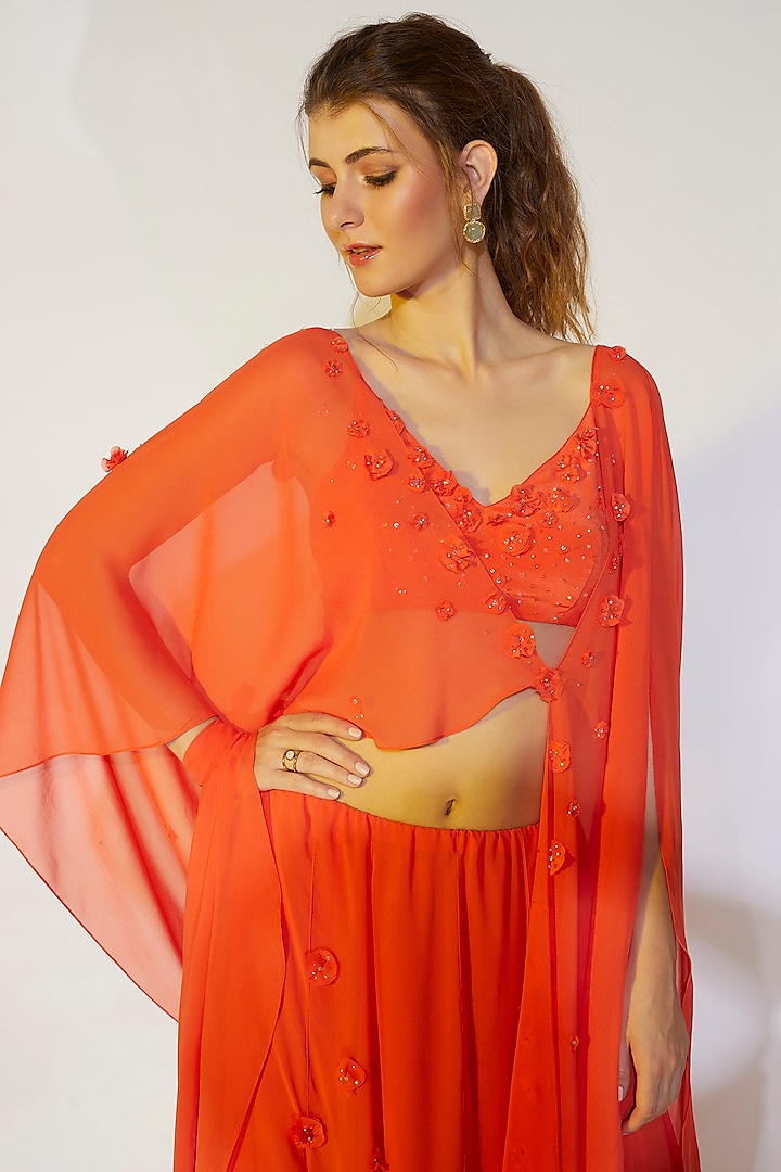 Coral Orange Asymmetrical Cape Set by Wendell Rodricks at Pernia's Pop Up Shop