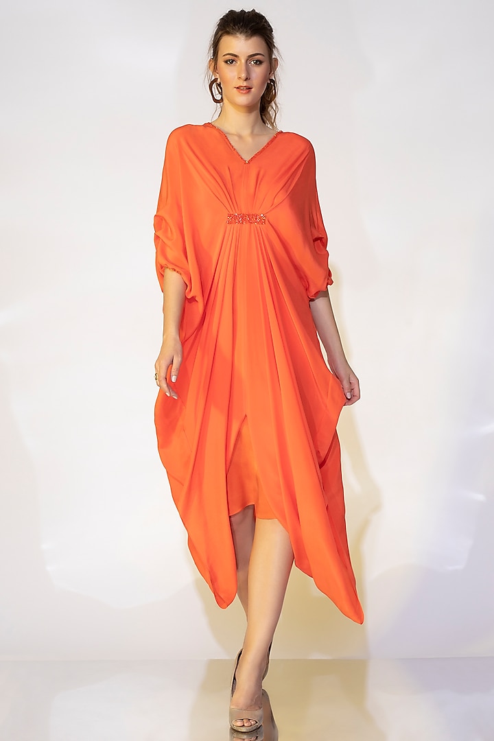 Coral Orange Pleated Kaftan by Wendell Rodricks