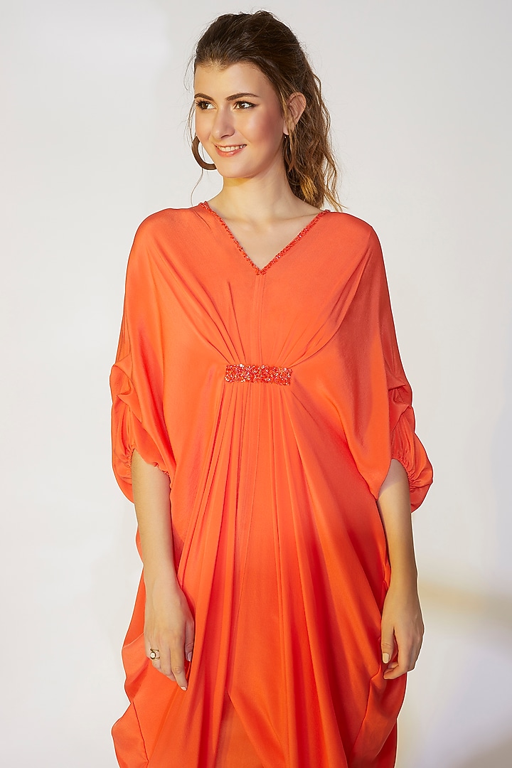 Coral Orange Pleated Kaftan by Wendell Rodricks at Pernia's Pop Up Shop
