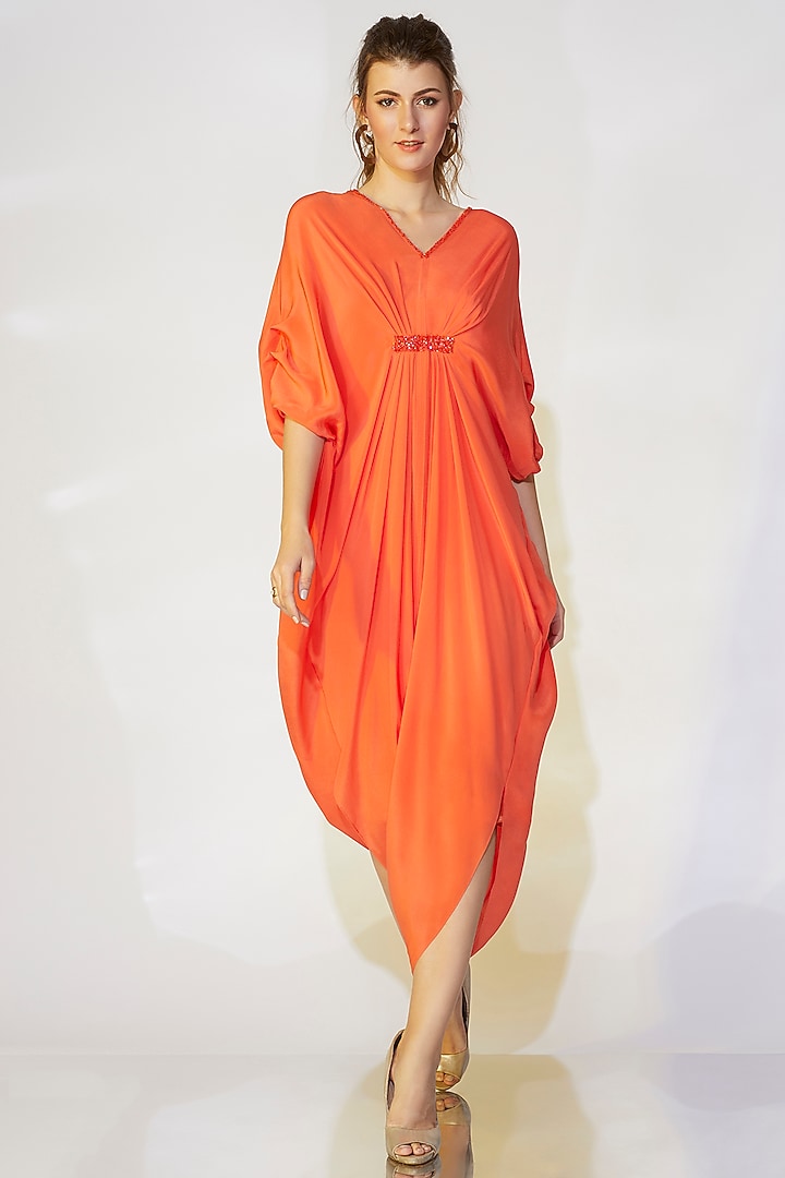 Coral Orange Pleated Kaftan by Wendell Rodricks at Pernia's Pop Up Shop