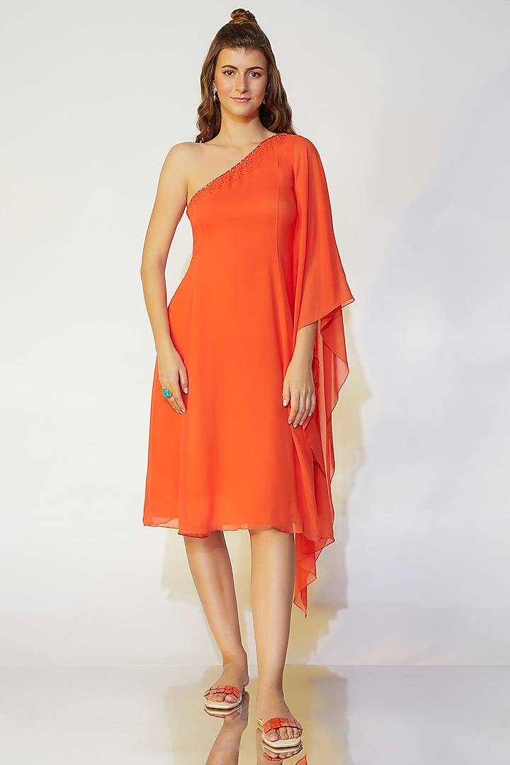 Coral Orange One-Shoulder Flared Dress by Wendell Rodricks at Pernia's Pop Up Shop