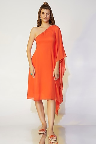 Coral Orange One-Shoulder Flared Dress by Wendell Rodricks