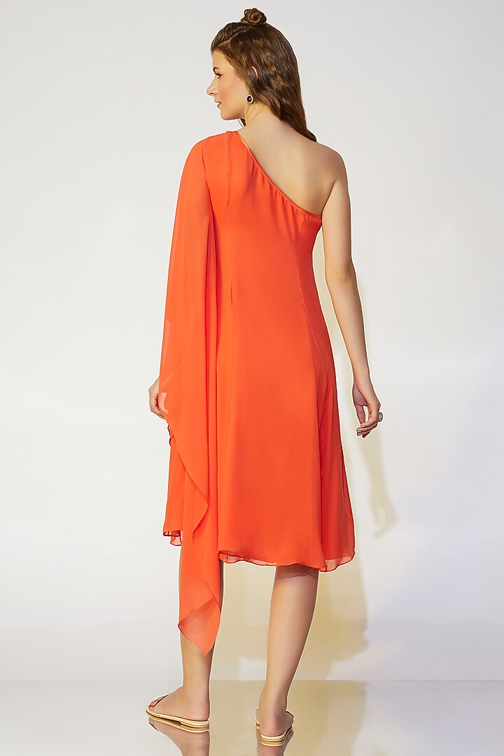 Coral Orange One-Shoulder Flared Summer Dress by Wendell Rodricks at Pernia's Pop Up Shop