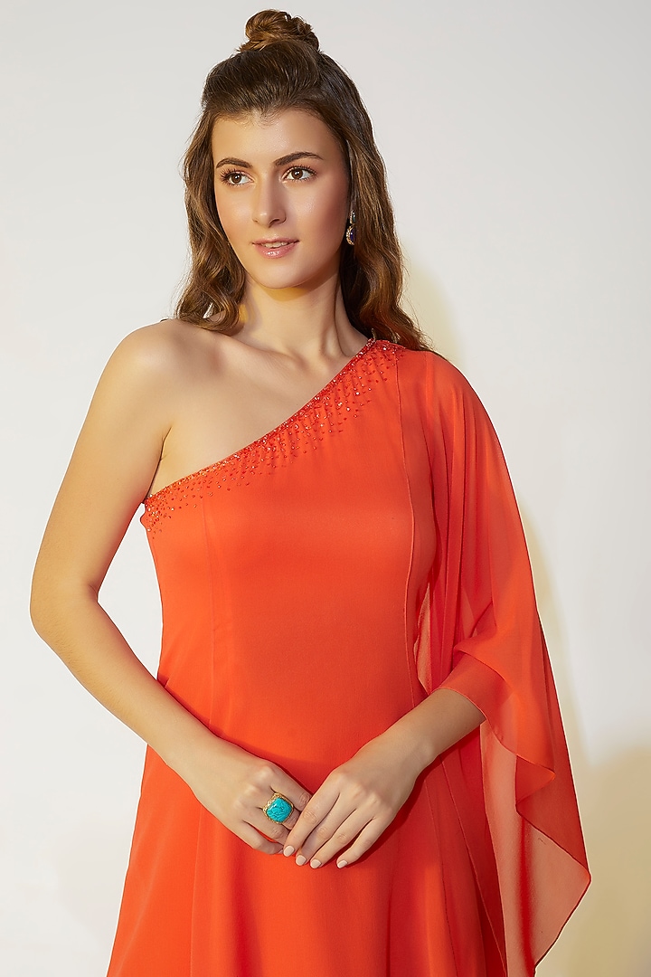 Coral Orange One-Shoulder Flared Summer Dress by Wendell Rodricks at Pernia's Pop Up Shop