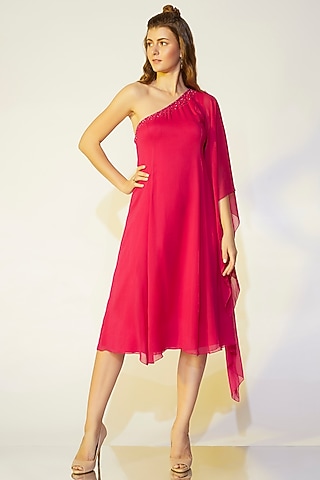 Fuschia One-Shoulder Flared Dress by Wendell Rodricks