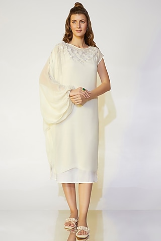 Ivory Draped Sleeve Dress by Wendell Rodricks