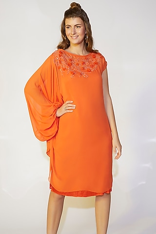 Coral Orange One shoulder Flared Dress by Wendell Rodricks