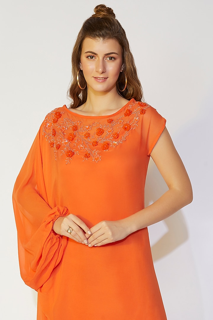 Coral Orange One shoulder Flared Summer Dress by Wendell Rodricks at Pernia's Pop Up Shop