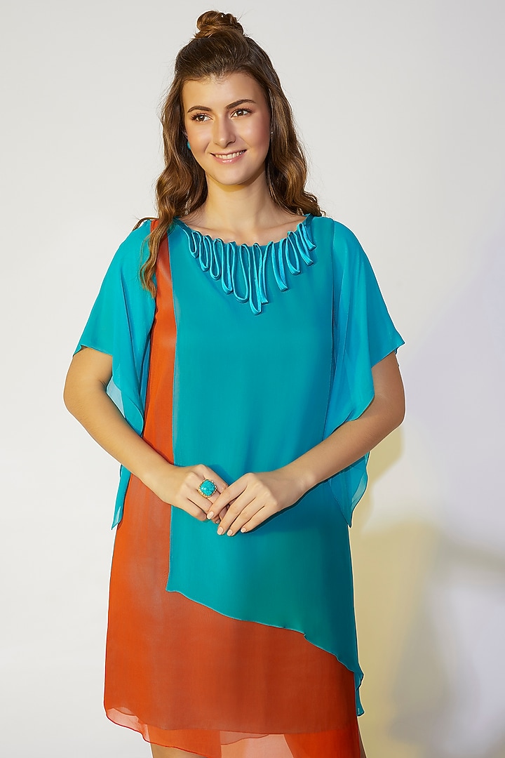 Turquoise & Orange Asymmetrical Summer Dress by Wendell Rodricks at Pernia's Pop Up Shop