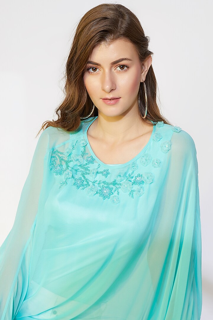 Sea-Green Embroidered Kaftan Top by Wendell Rodricks at Pernia's Pop Up Shop