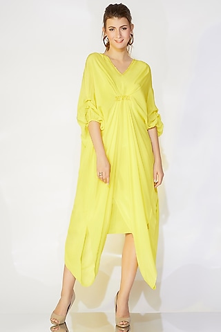 Lime Yellow Pleated Kaftan by Wendell Rodricks