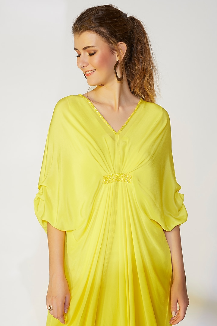 Lime Yellow Pleated Kaftan by Wendell Rodricks at Pernia's Pop Up Shop