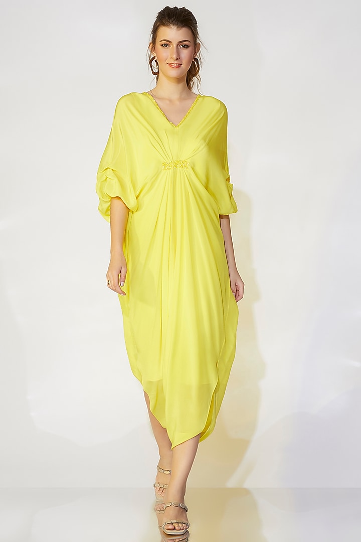 Lime Yellow Pleated Kaftan by Wendell Rodricks at Pernia's Pop Up Shop
