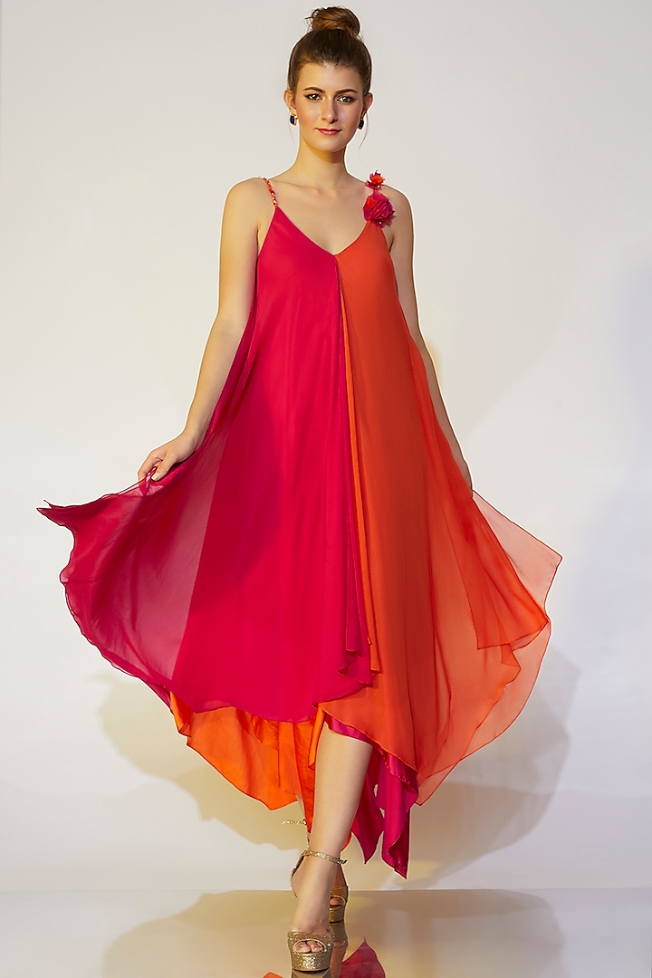 Fuschia & Orange Asymmetrical Gown by Wendell Rodricks