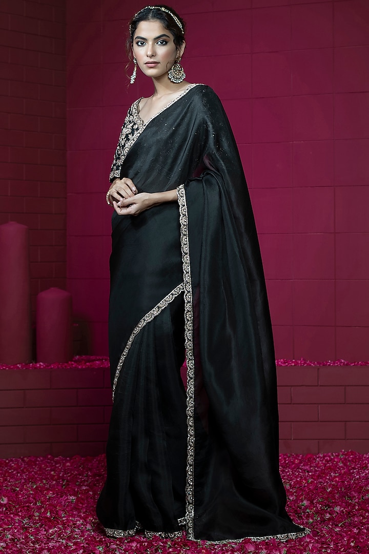 Black Organza Embroidered Saree Set by Weaverstory