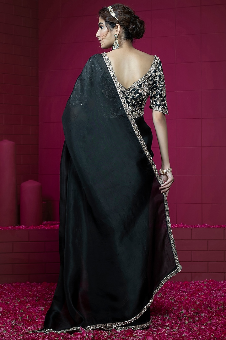 Black Organza Embroidered Wedding Saree Set by Weaverstory at Pernia's Pop Up Shop