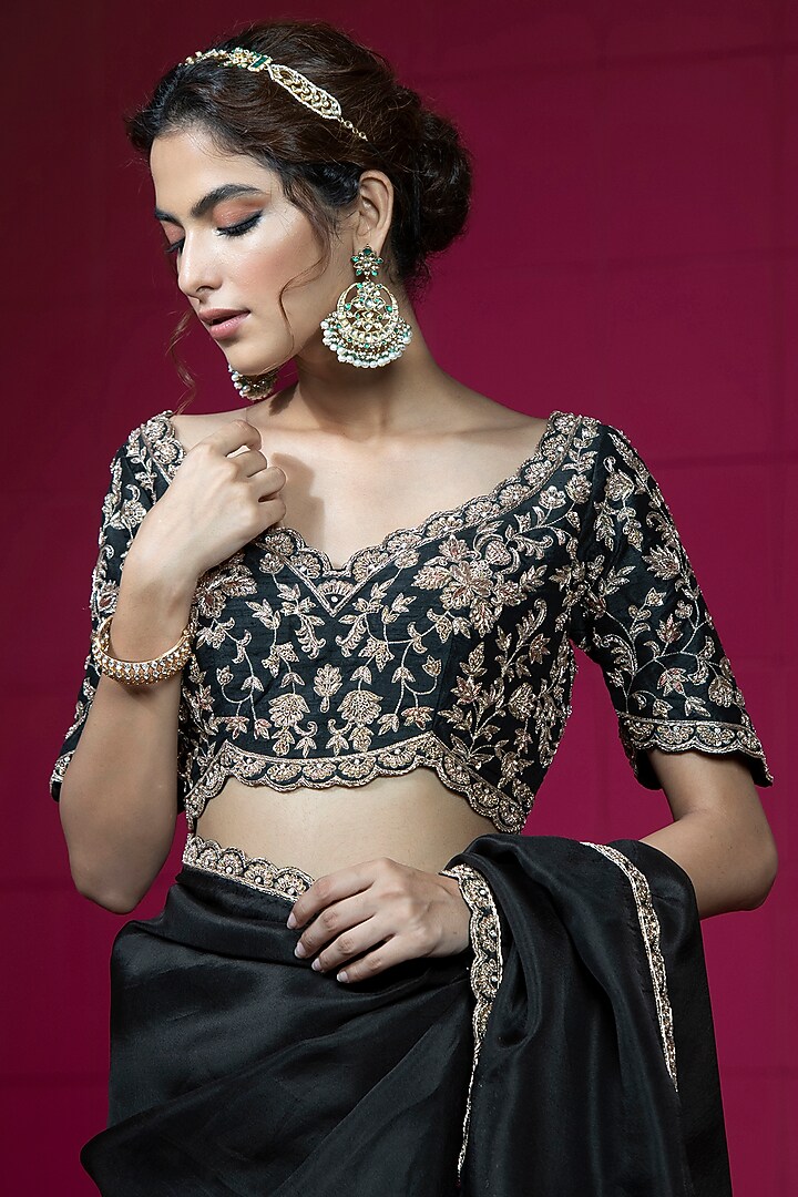 Black Organza Embroidered Wedding Saree Set by Weaverstory at Pernia's Pop Up Shop