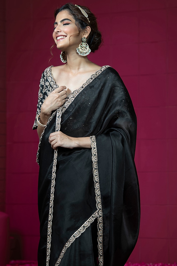 Black Organza Embroidered Wedding Saree Set by Weaverstory at Pernia's Pop Up Shop