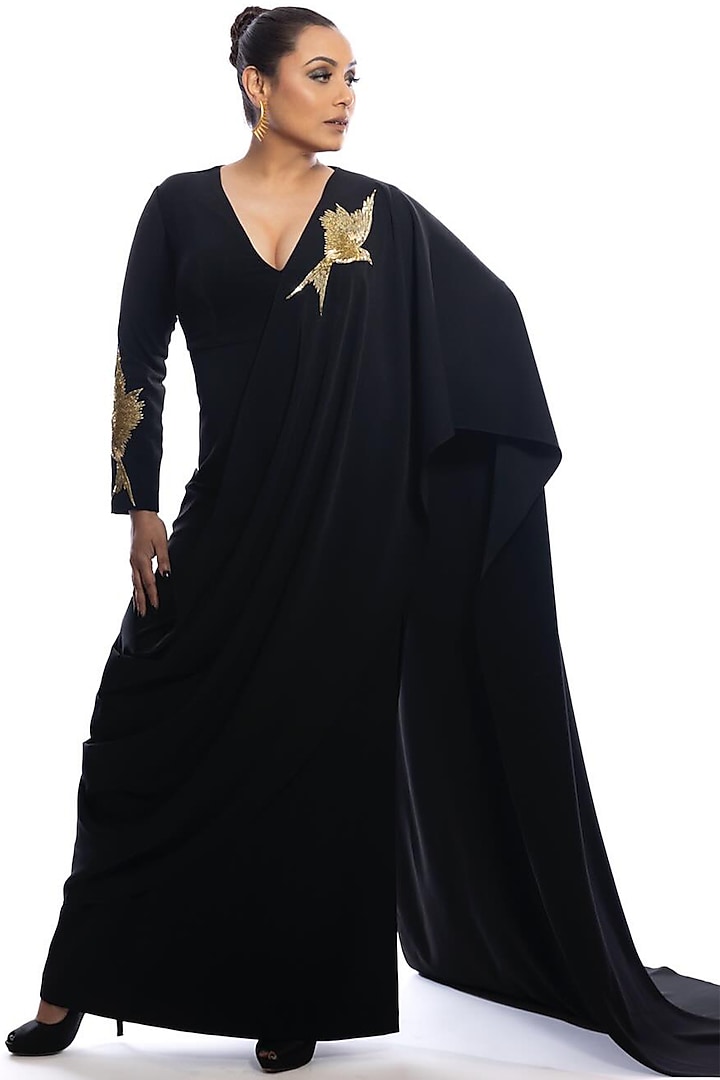 Black Heavy Crepe Son Chidiya Motif Embroidered Gown Saree by Masaba