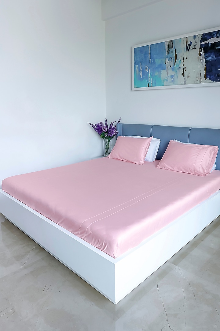 Salmon Pink Cotton Satin Bedsheet Set With Fagoting Detail by Wendell Homes