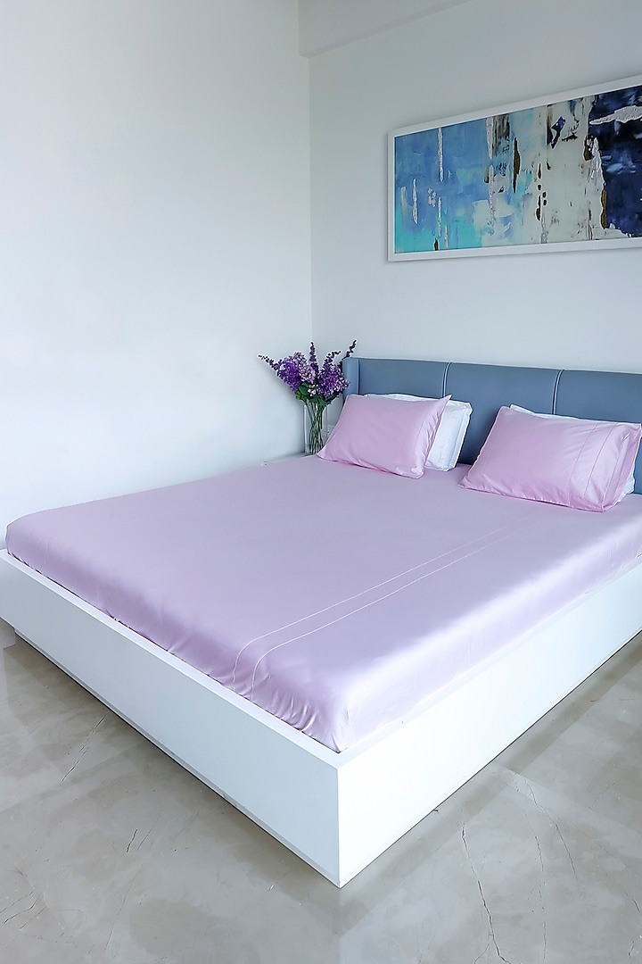 Misty Lilac Cotton Satin Bedsheet Set With Fagoting Detail by Wendell Homes