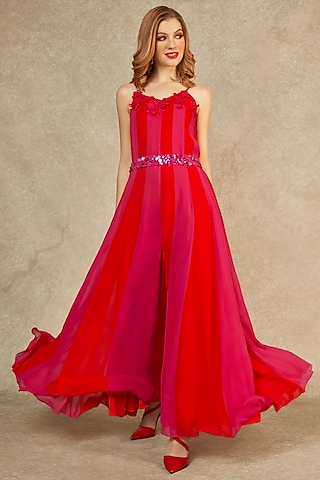 Red Flame & Magenta Multi-Panelled Jumpsuit by Wendell Rodricks
