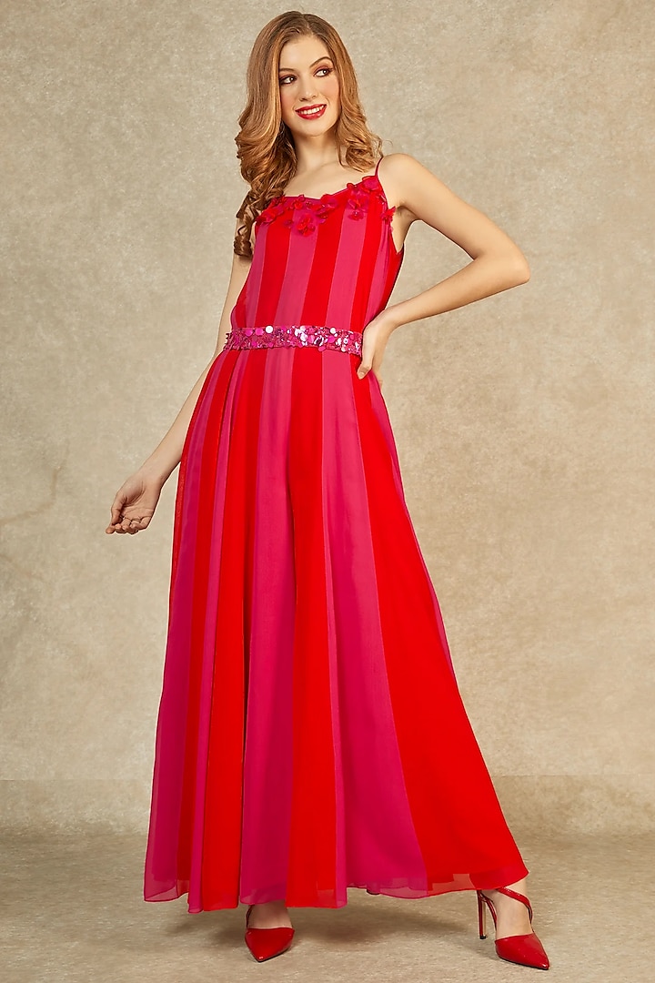 Red Flame & Magenta Multi-Panelled Jumpsuit by Wendell Rodricks at Pernia's Pop Up Shop