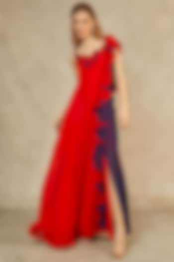 Red Flame & Midnight Blue Cascade Gown by Wendell Rodricks