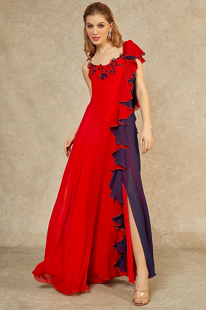 Red Flame & Midnight Blue Cascade Gown by Wendell Rodricks