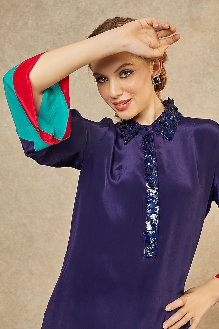 Midnight Blue Long Tunic & Petal Pants by Wendell Rodricks at Pernia's Pop Up Shop