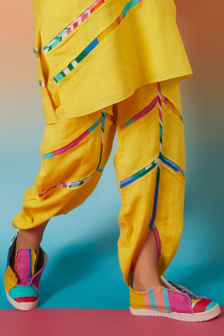 Yellow Linen Striped Dhoti Pants by Wendell Rodricks at Pernia's Pop Up Shop