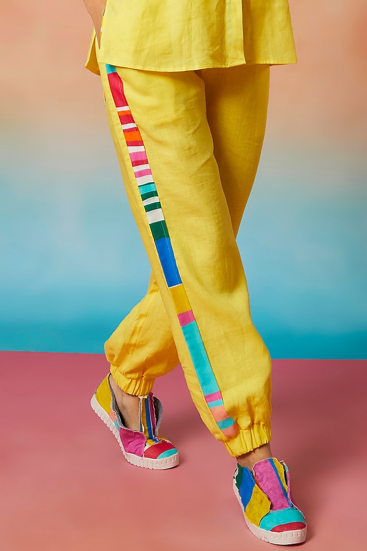 Yellow Linen Side Striped Jogger Pants by Wendell Rodricks