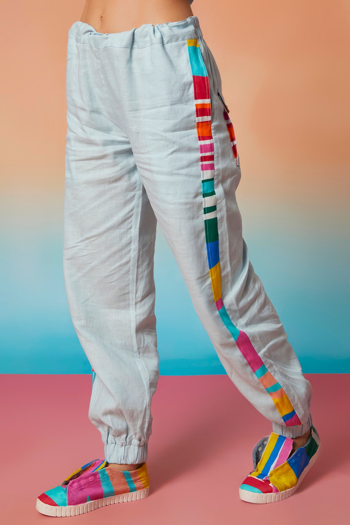 Pale Blue Linen Side Striped Jogger Pants by Wendell Rodricks at
