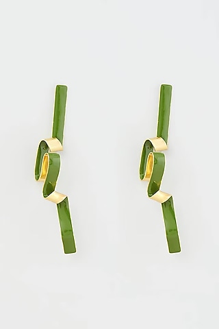 Gold Micro Plated Green Enameled Earrings by Wendell Rodricks