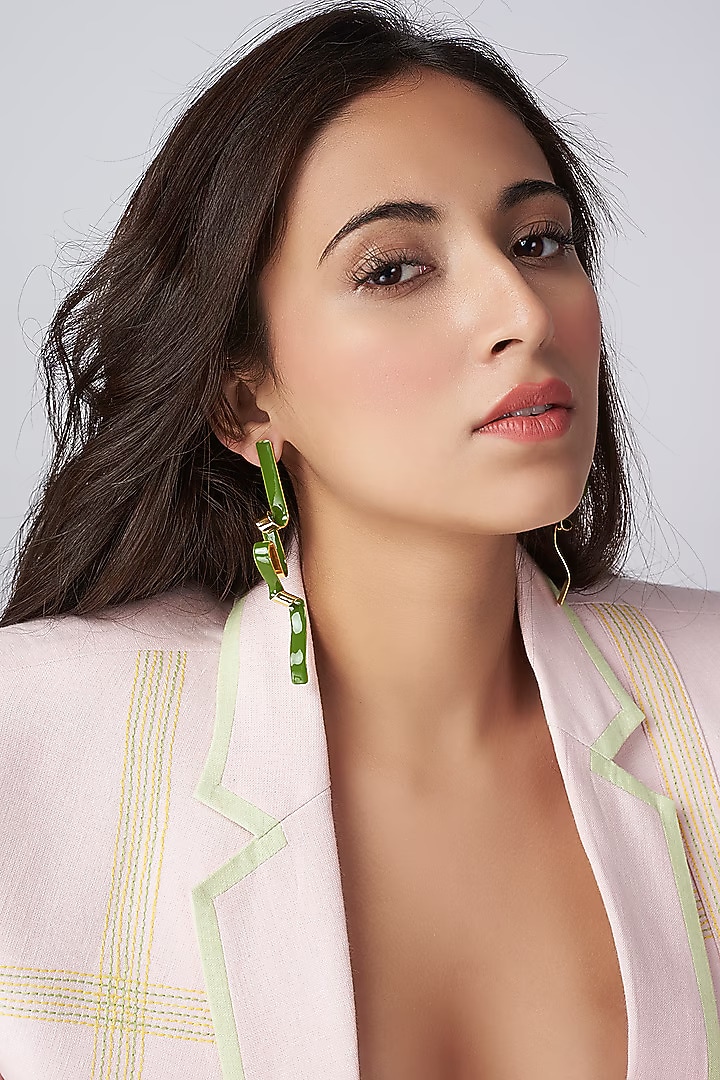 Gold Micro Plated Green Enameled Earrings by Wendell Rodricks at Pernia's Pop Up Shop