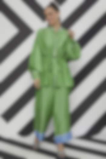 Emerald Green Satin Linen Co-Ord Set by Wendell Rodricks at Pernia's Pop Up Shop