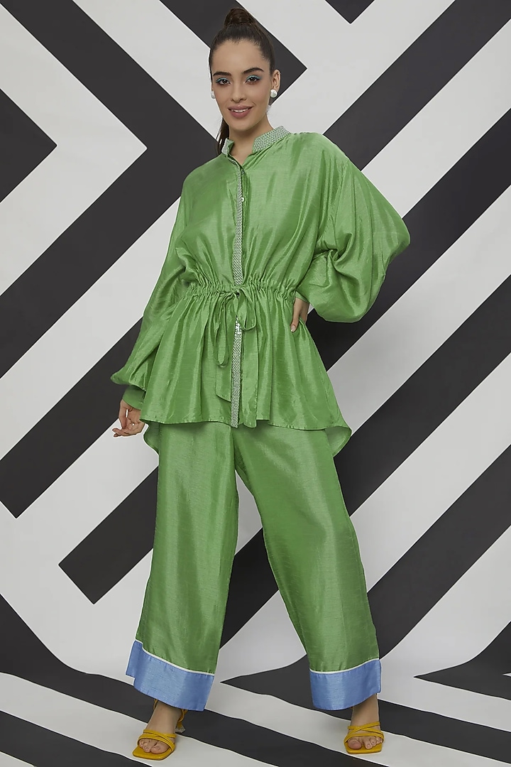 Emerald Green Satin Linen Co-Ord Set by Wendell Rodricks at Pernia's Pop Up Shop