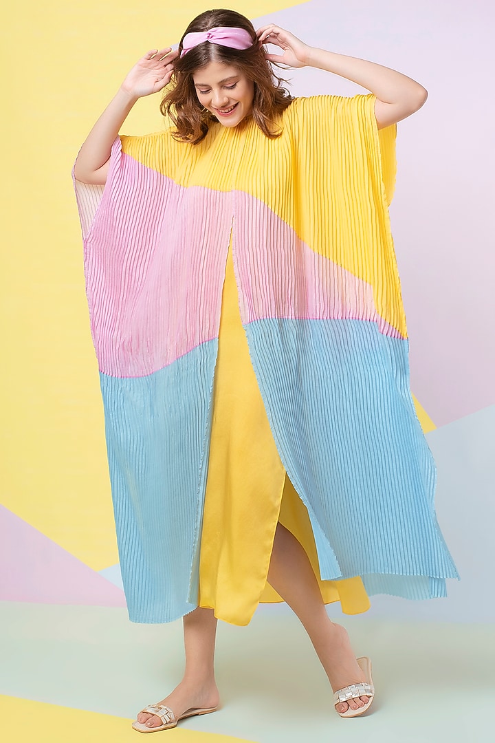 Irish Yellow Color Blocked Pleated Cape by Wendell Rodricks at Pernia's Pop Up Shop