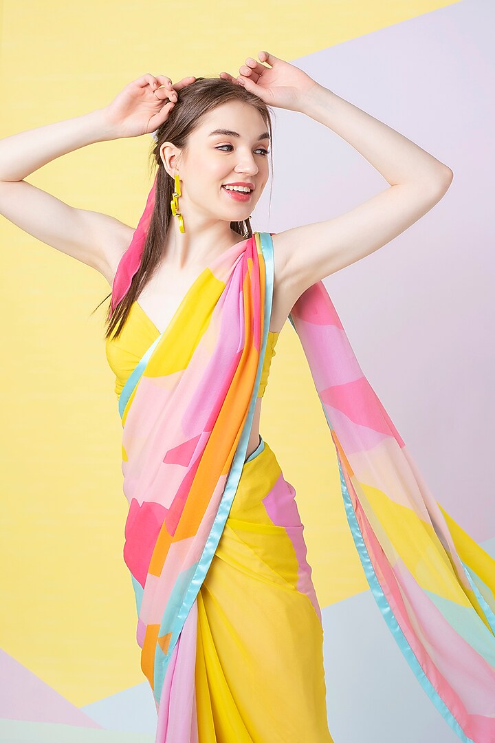 Lavender Georgette Abstract Leaf Festive Saree by Wendell Rodricks at Pernia's Pop Up Shop