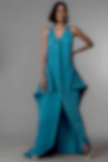 Blue Crinkle Slit Gown by Wendell Rodricks