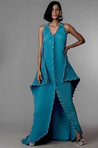 Blue Crinkle Slit Gown by Wendell Rodricks