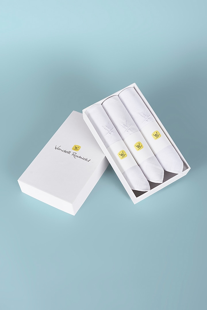 White Cotton Handkerchiefs (Set of 3) by Wendell Rodricks Men at Pernia's Pop Up Shop