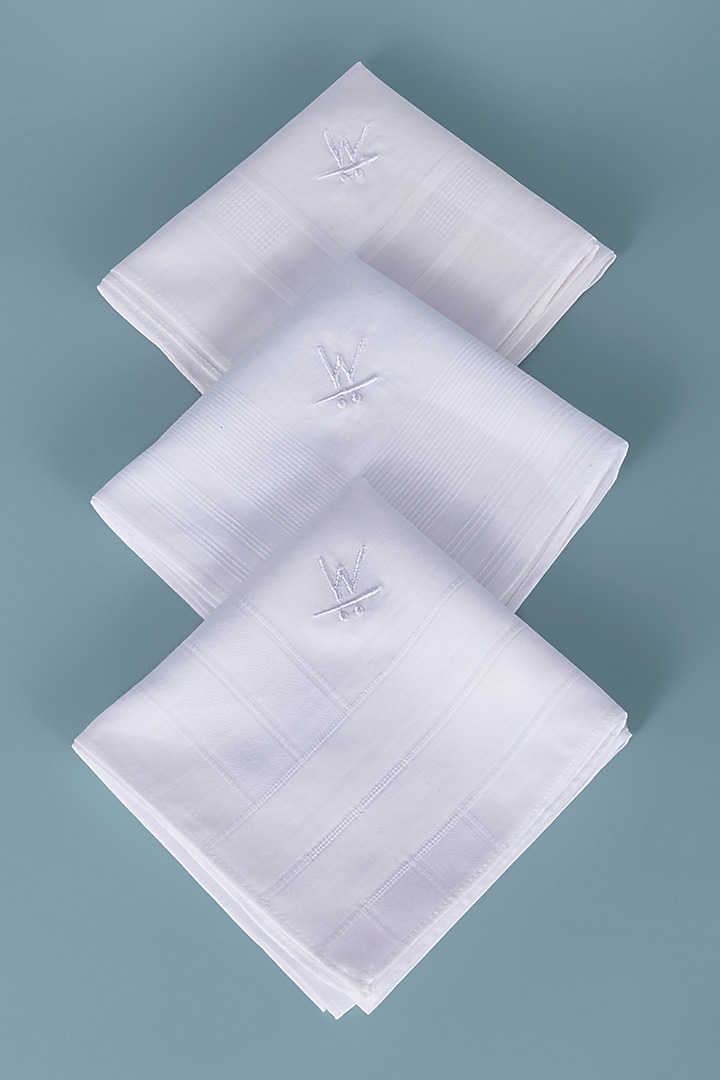 White Cotton Handkerchiefs (Set of 3) by Wendell Rodricks Men at Pernia's Pop Up Shop