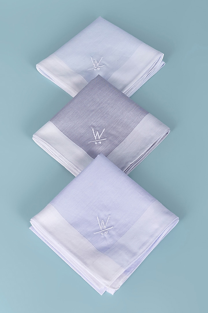 Blue, Grey, & Purple Cotton Handkerchiefs (Set of 3) by Wendell Rodricks Men at Pernia's Pop Up Shop